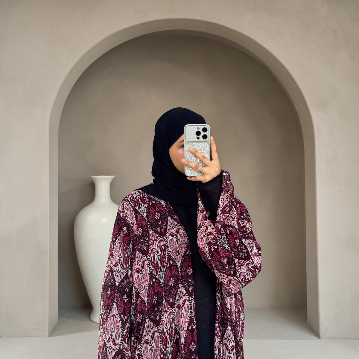 S04 Wine Mosaic Printed Abaya | Summer Collection
