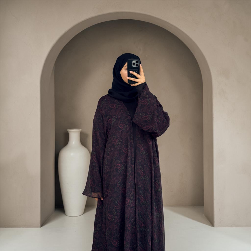 S02 Black Paisley Printed Abaya | Summer Collection