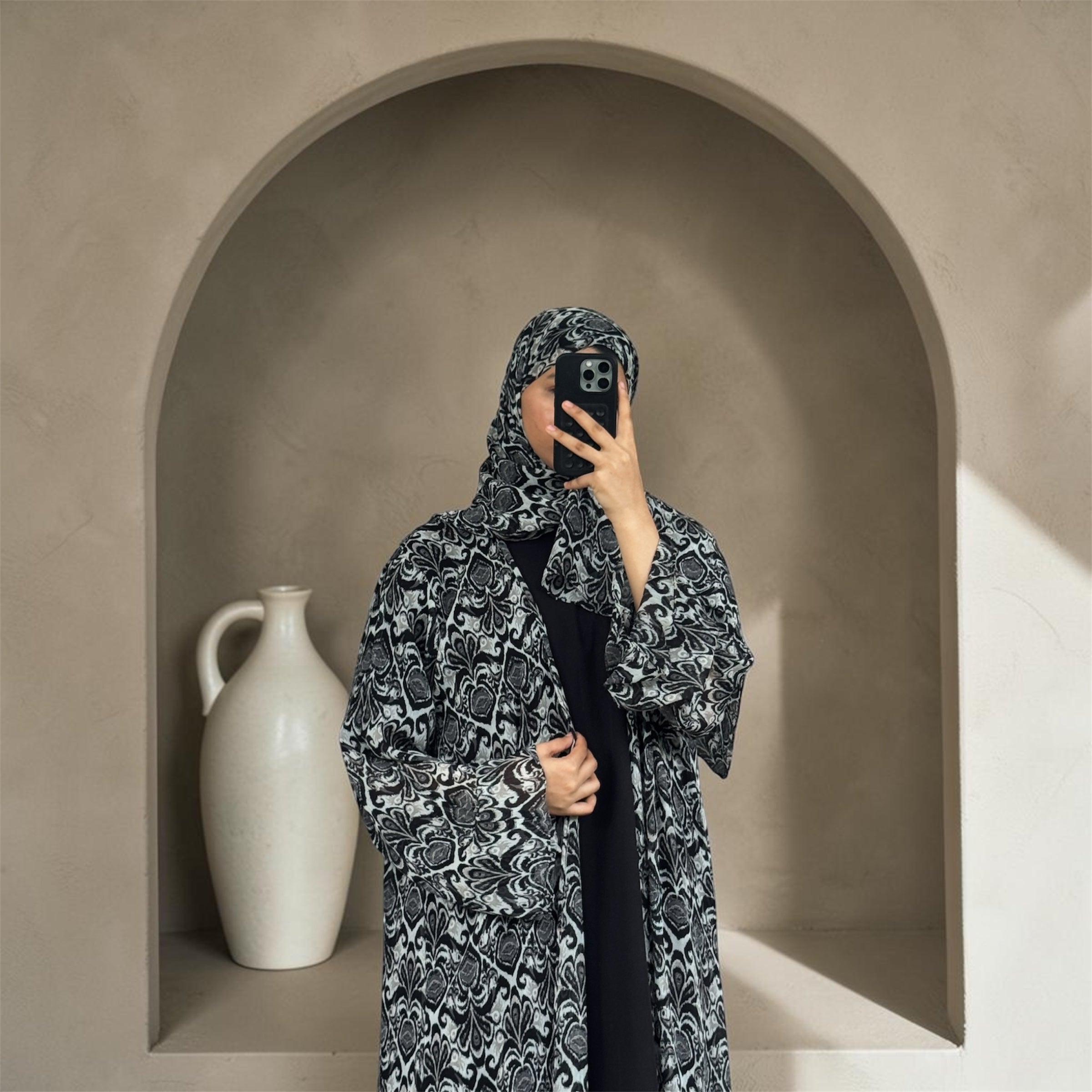 S03 Black Mosaic Printed Abaya | Summer Collection