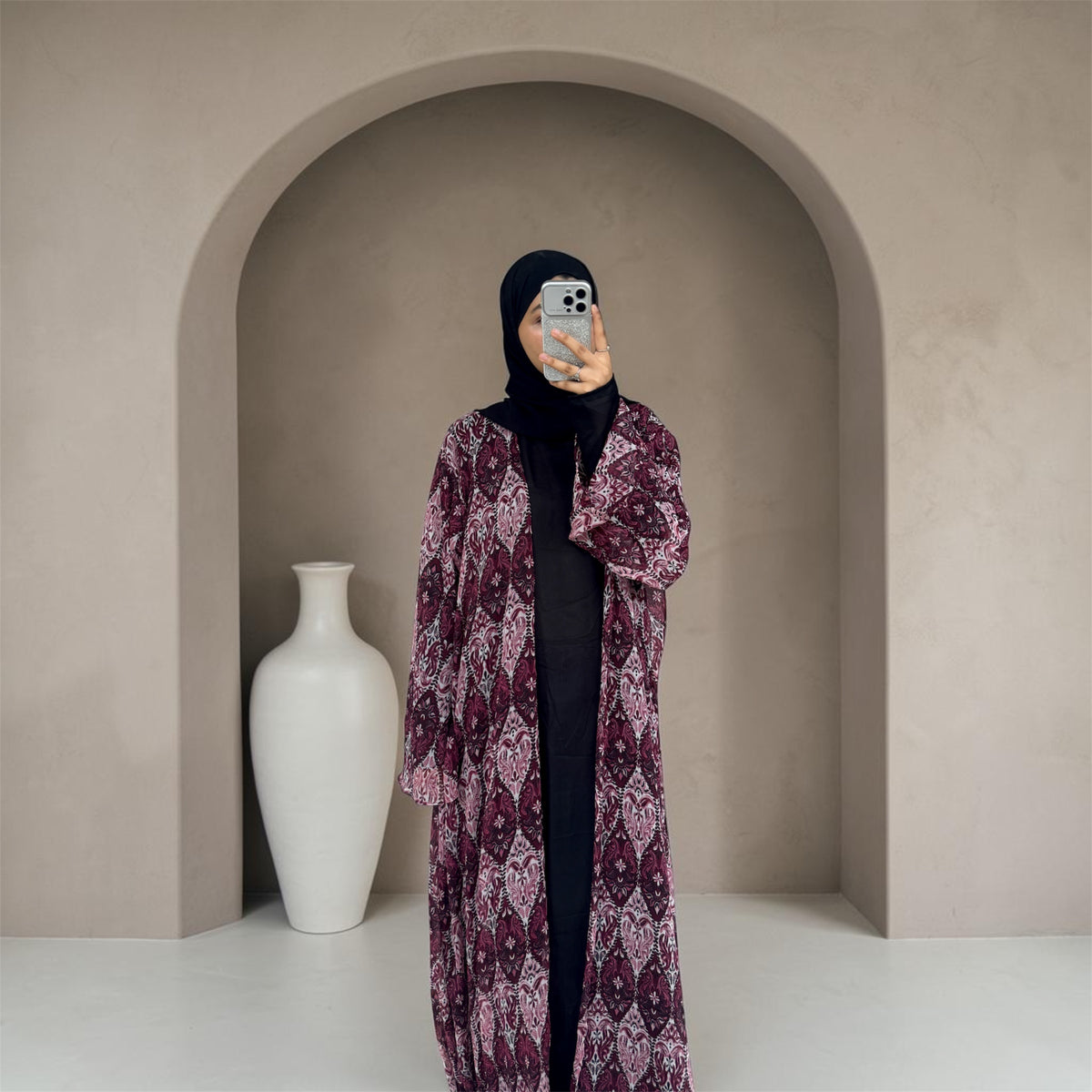 S04 Wine Mosaic Printed Abaya | Summer Collection